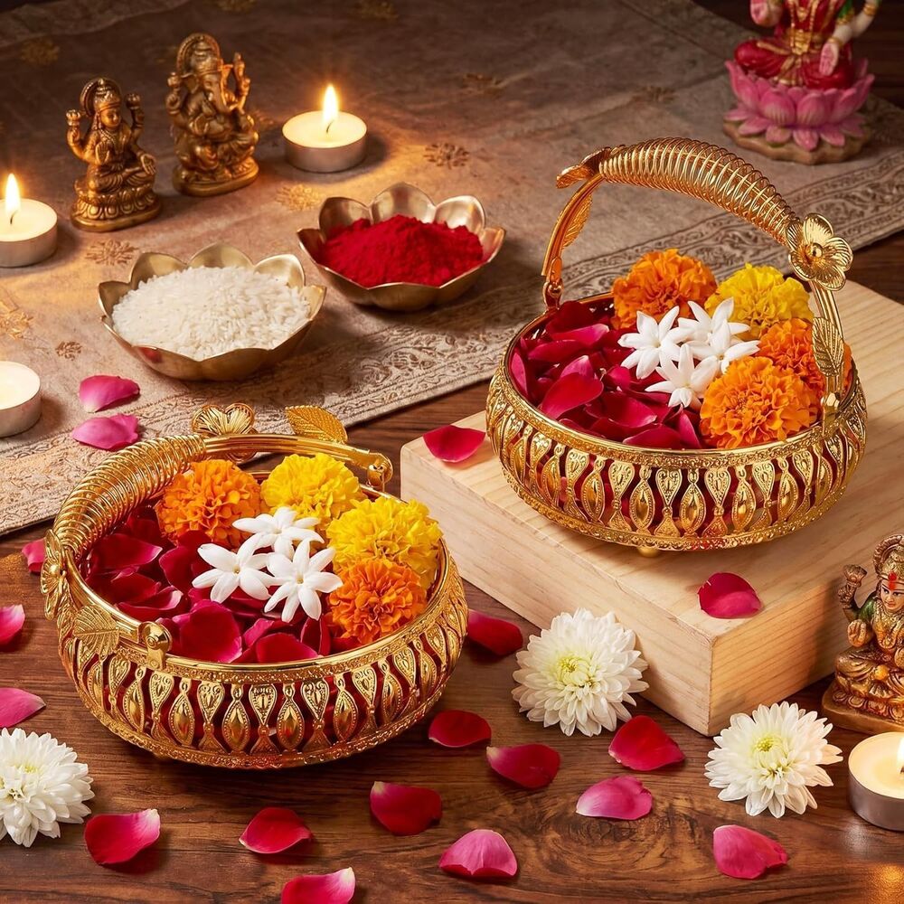 Zhengmy Gold Metal Pooja Basket with Handle, Round, 2 Pcs